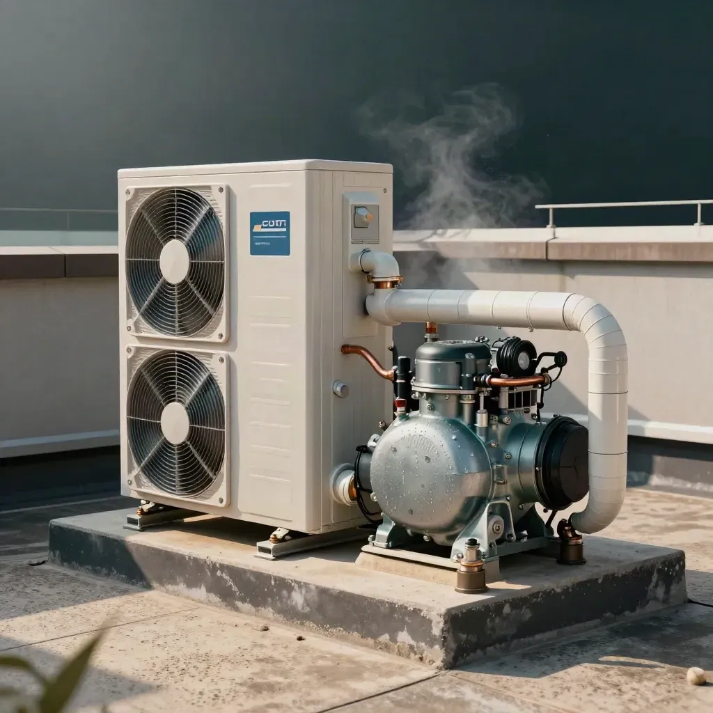 Rooftop heat-pump unit mid-spin with vapor drifting around insulated piping and a concrete pad.