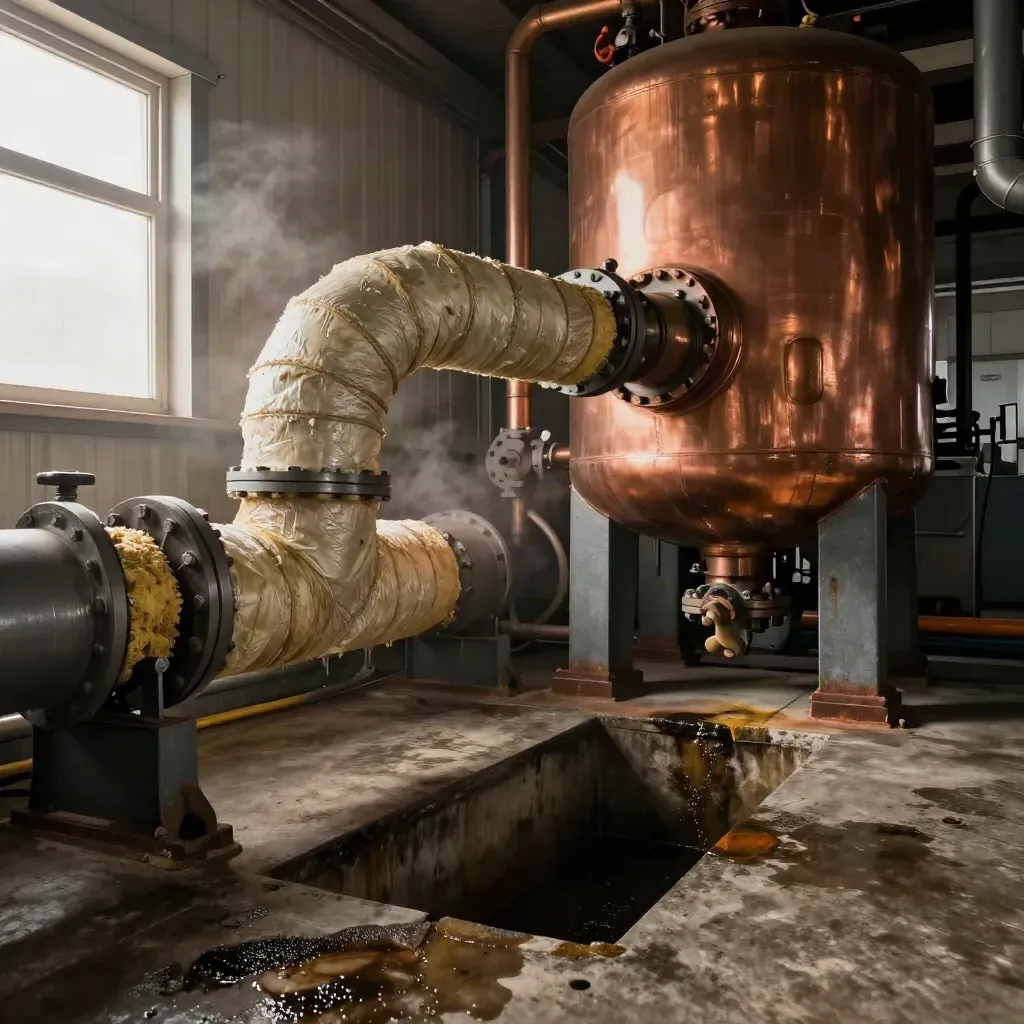 Boiler-room waste-heat recovery skid with ducting, buffer tank, and warm industrial light