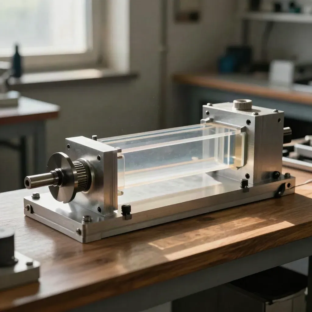 Machined aluminum process mockup with acrylic channels and pump impeller on a workshop bench