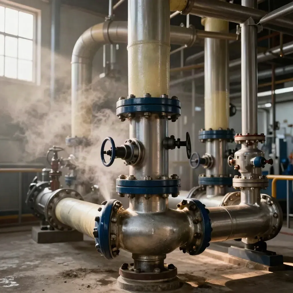 Steam corridor with insulated pipes, condensate traps, and plate exchangers in warm industrial light.