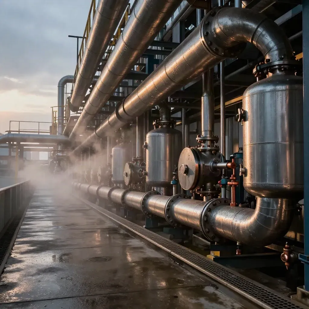 Steam-lit waste-heat recovery corridor with insulated pipes, exchangers and copper fittings.