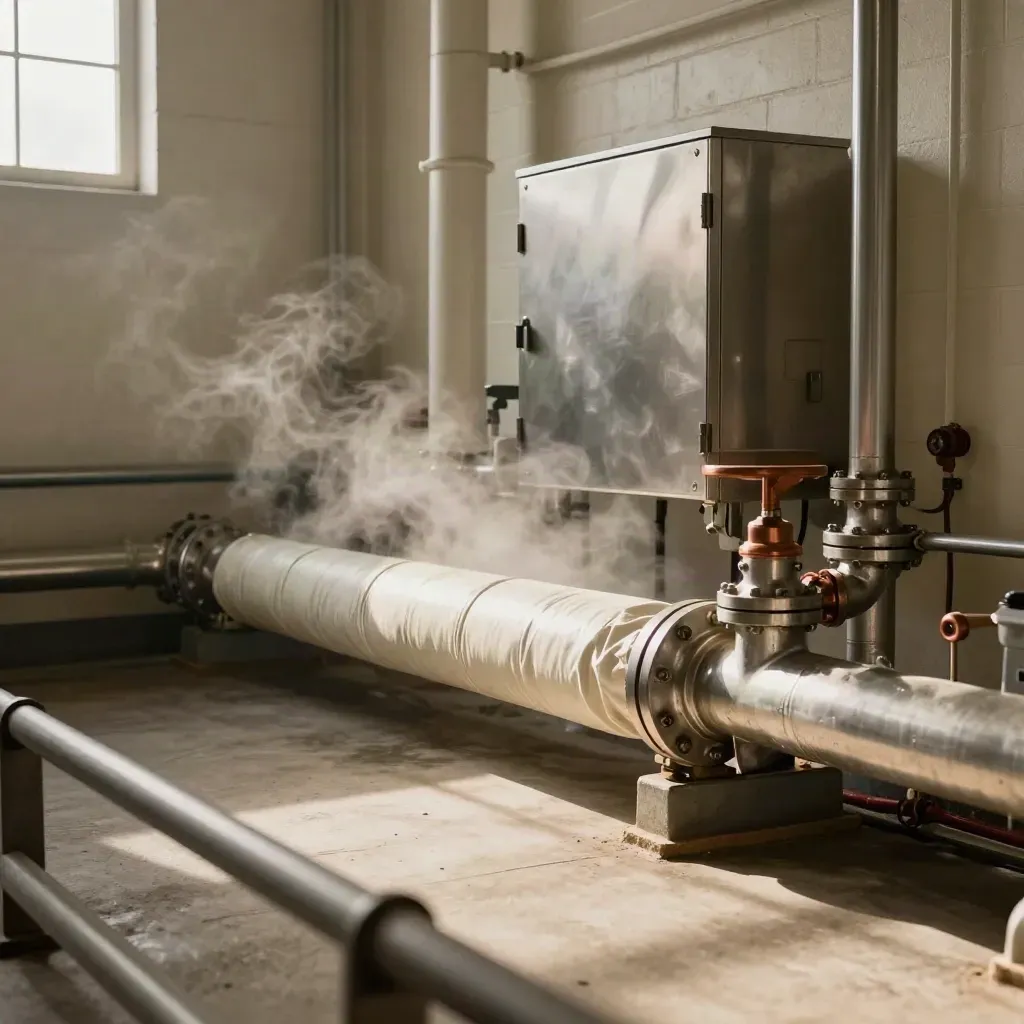 Empty food plant steam line with insulated coils and copper valves in warm daylight.