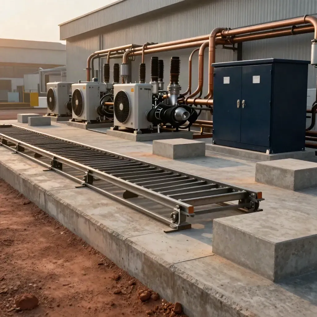 Industrial yard with heat-pump skids, boiler modules, and empty concrete plinths in dusk haze.