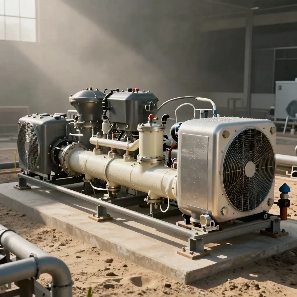 Operating heat-pump compressors and insulated piping on a concrete industrial pad in mist.