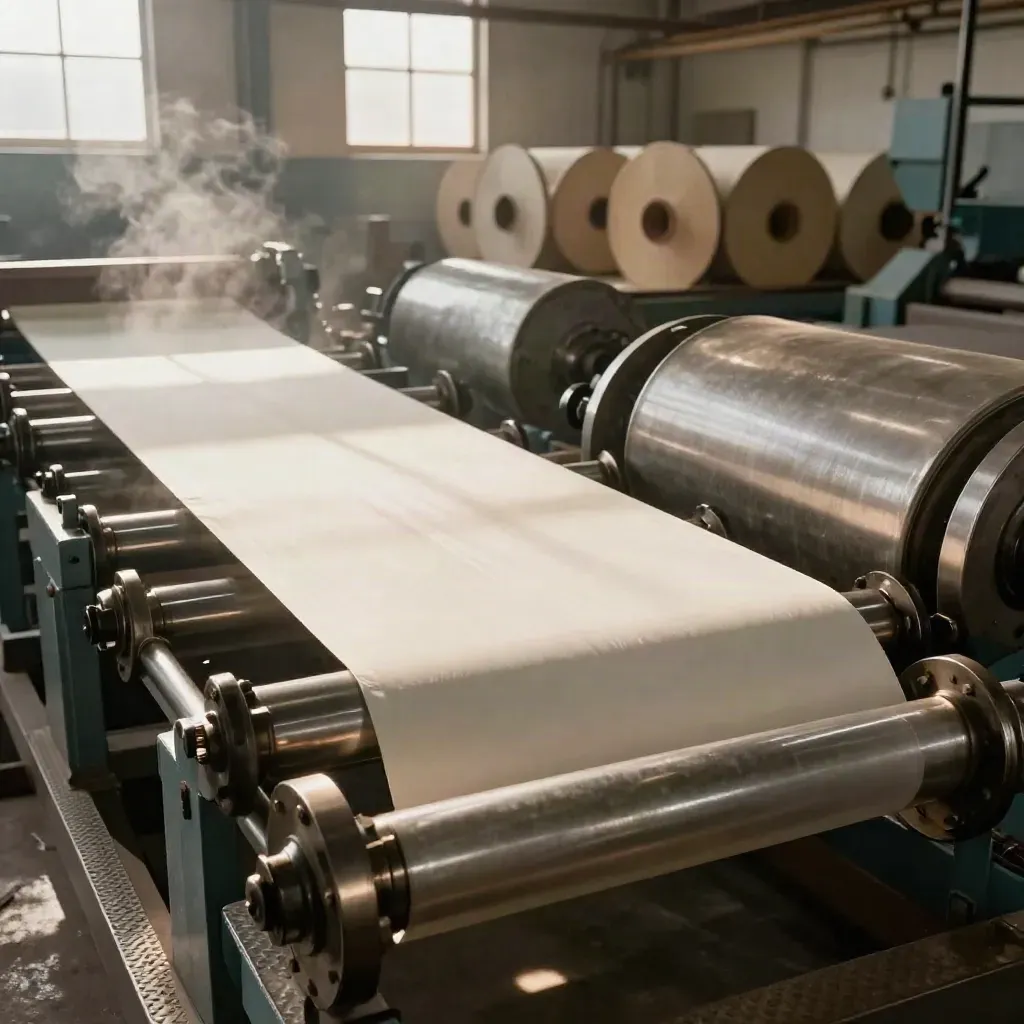 Taut paper web running through a steam-hazed dryer bank with stacked reels in a paper mill.