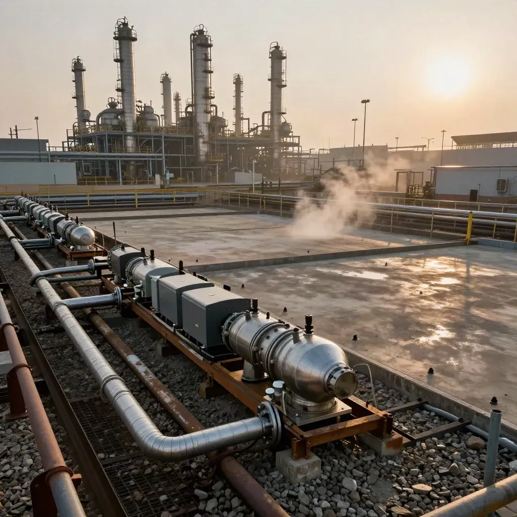 Industrial chemical yard with heat-pump skids, electric boiler modules, and prepared pads at dusk.