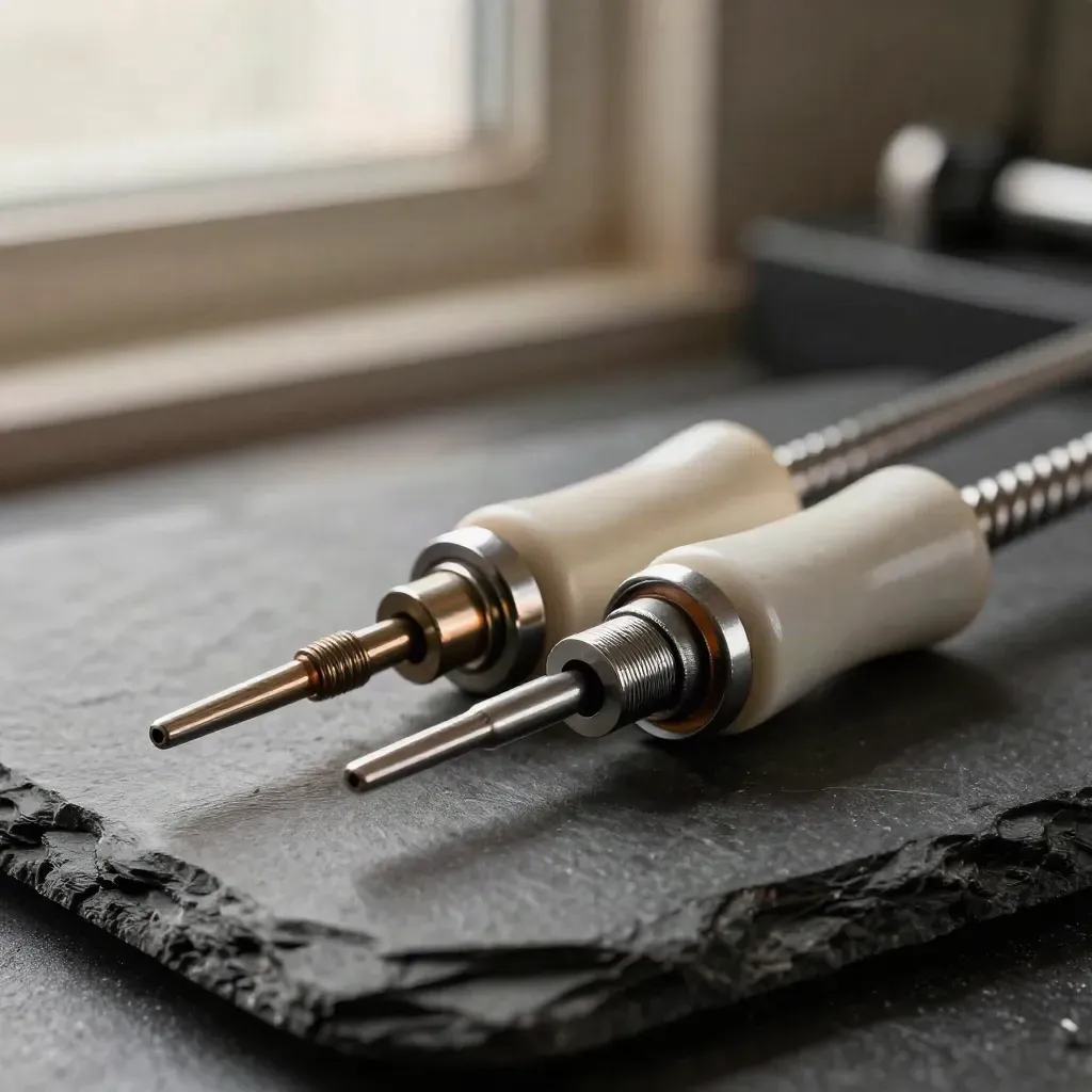 Macro still life of thermocouple tips, ceramic insulators and a stainless gasket ring on dark slate.