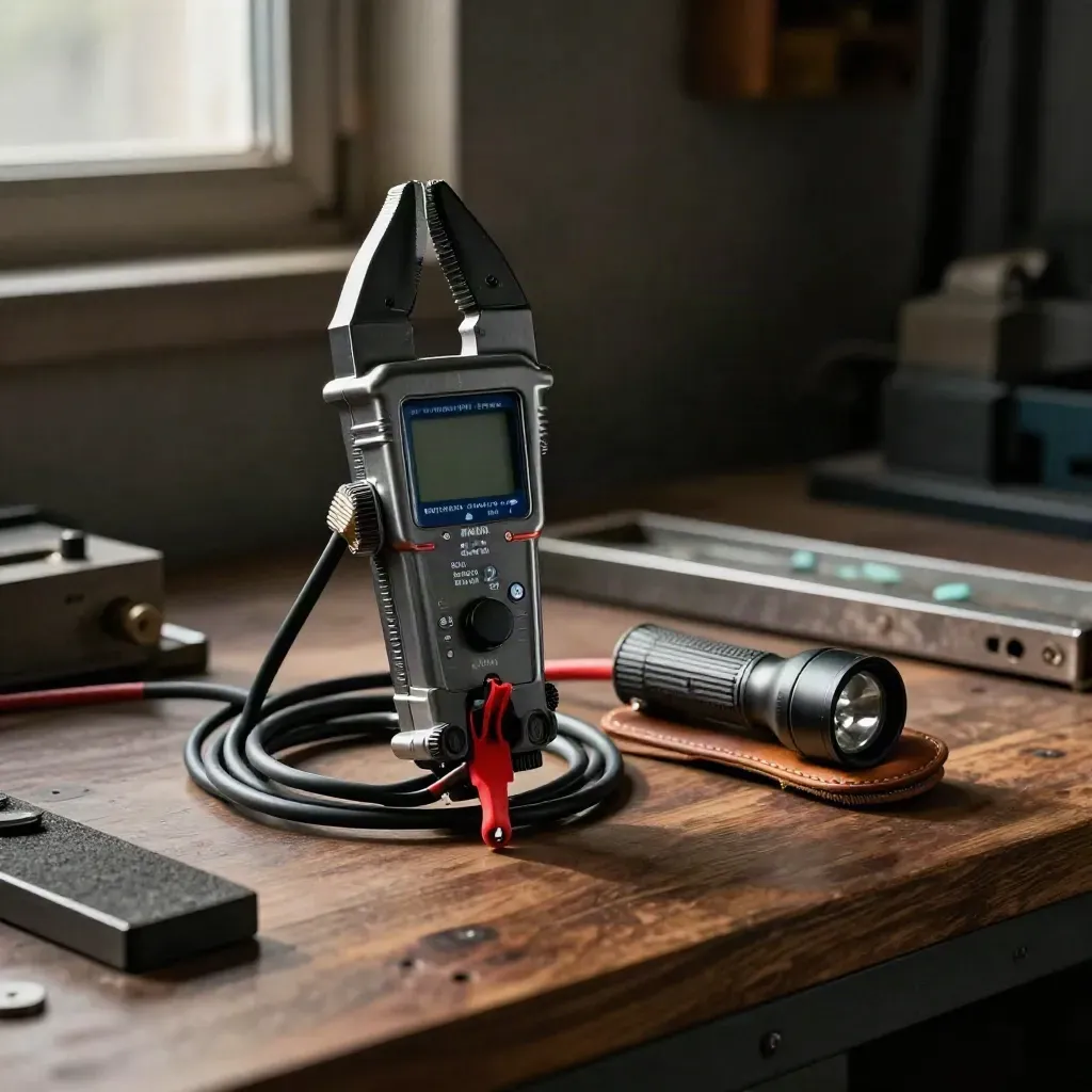 Clamp meter, probe leads, and flashlight on a walnut workbench in dramatic industrial light.