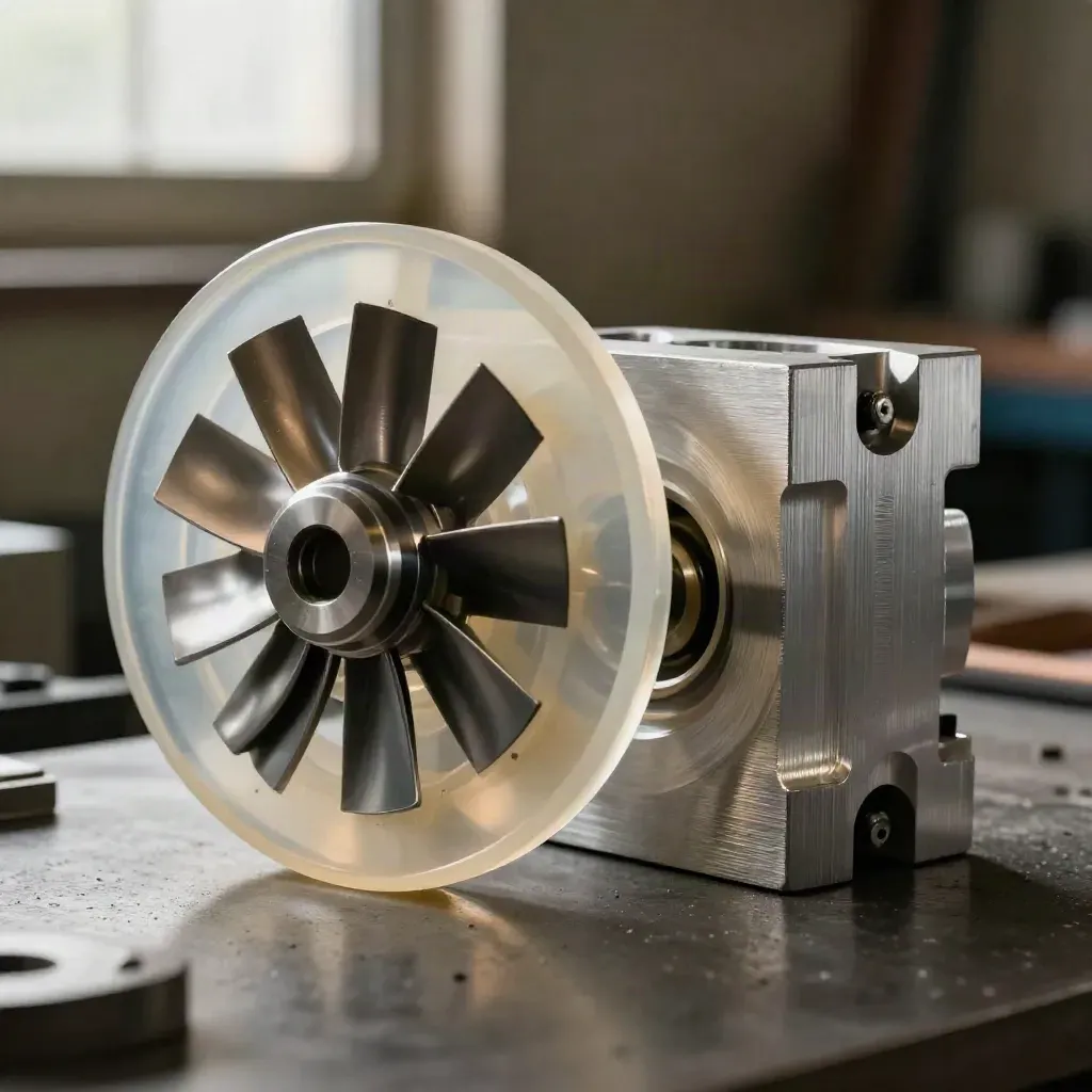 Translucent flow model, turbine disc and aluminum block on a graphite simulation bench in raking light