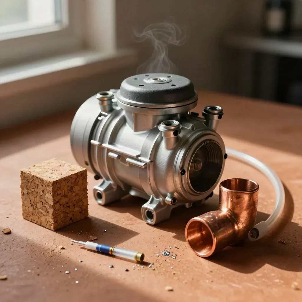 Heat-pump compressor sample with cork insulation cube and copper elbow on terracotta.