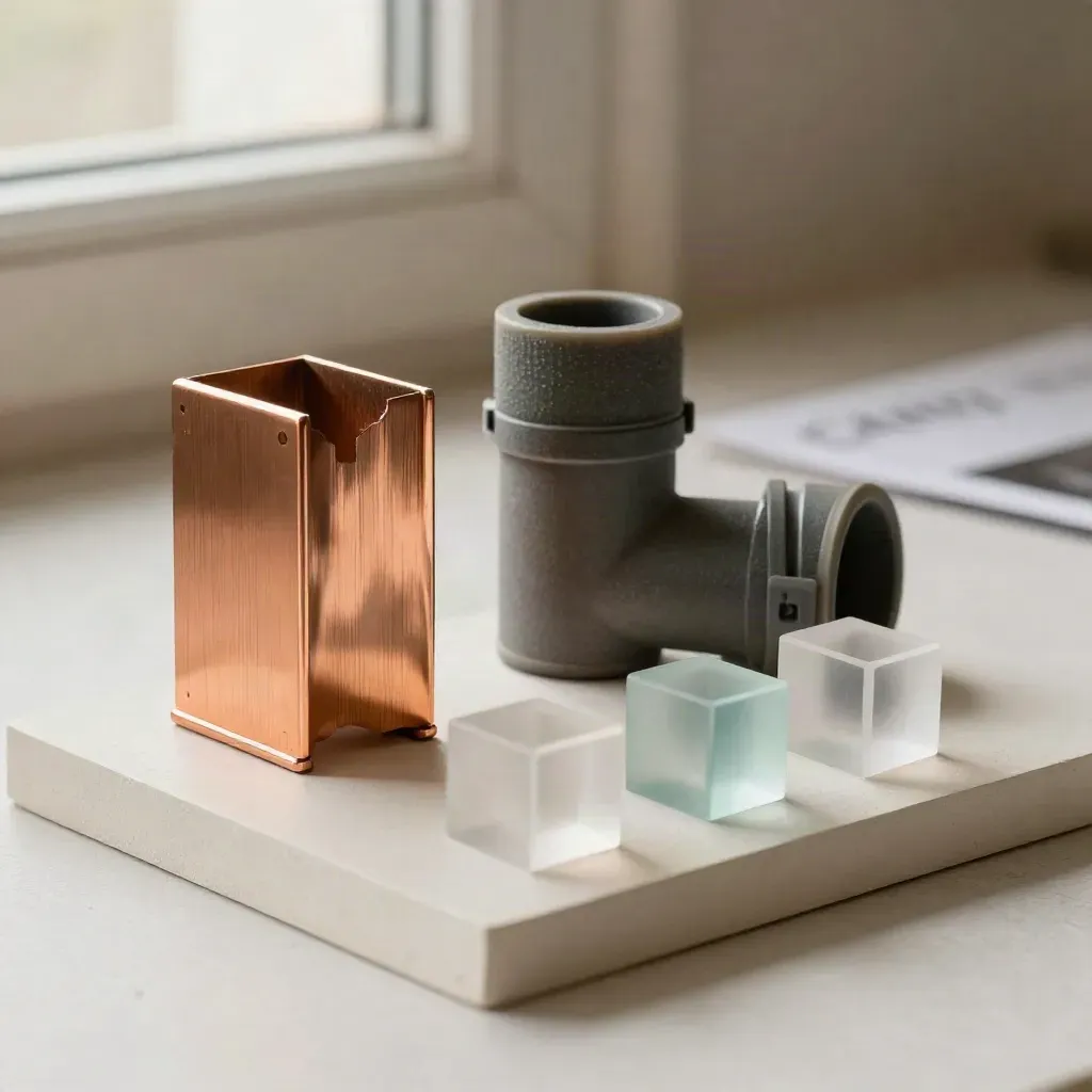 Copper fin, insulated pipe elbow and translucent blocks on plaster with soft warm light.
