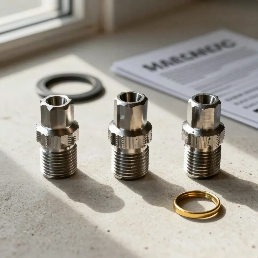 Valve inserts, gasket ring, and brass split-ring arranged on pale concrete in a ranked flatlay.