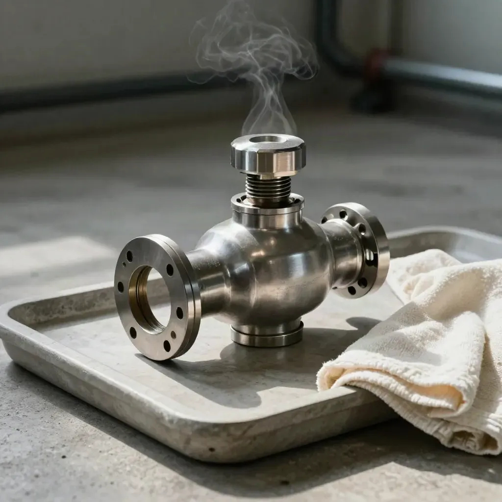 Condensate trap parts on a stone tray with soft vapor and industrial light