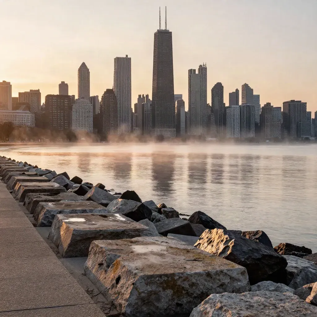 Chicago skyline above misty Lake Michigan at dawn