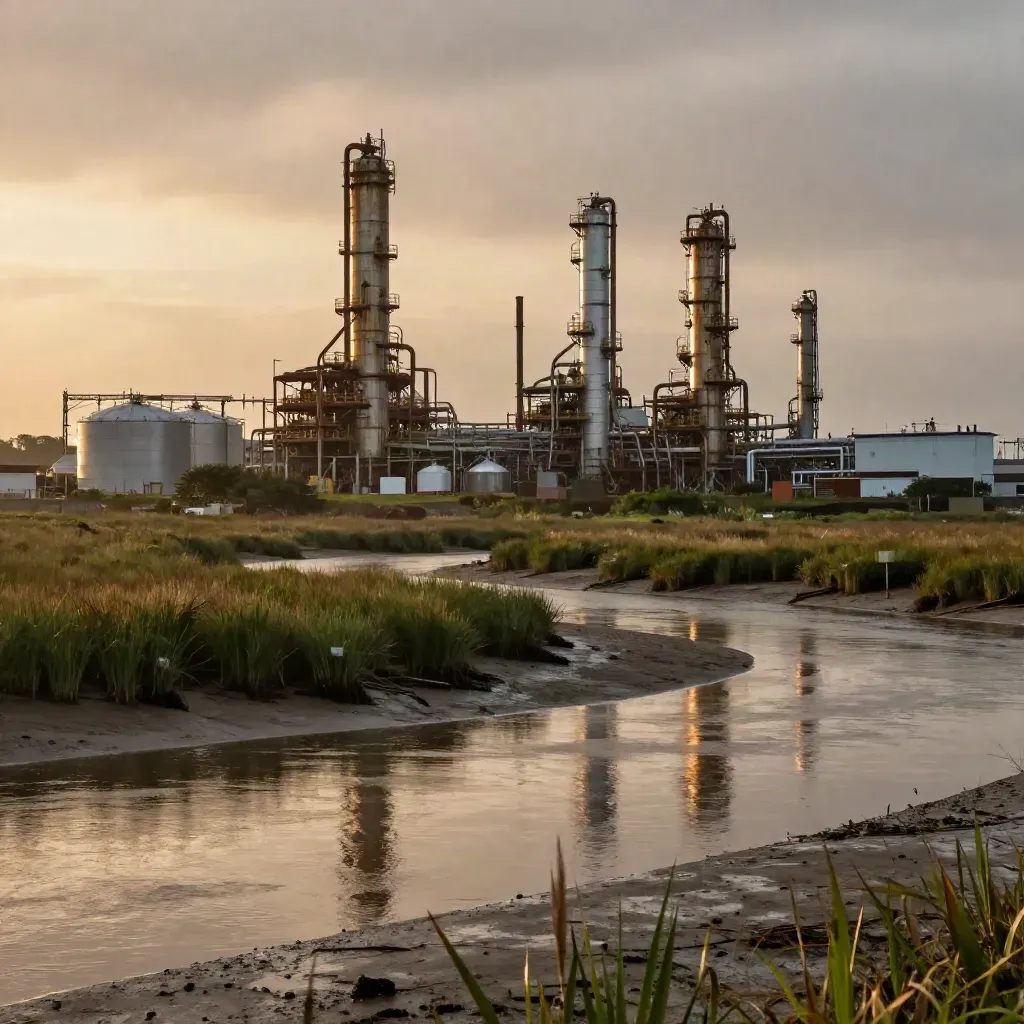 Houston refineries over humid Gulf marsh at golden sunset, with calm open space for copy.