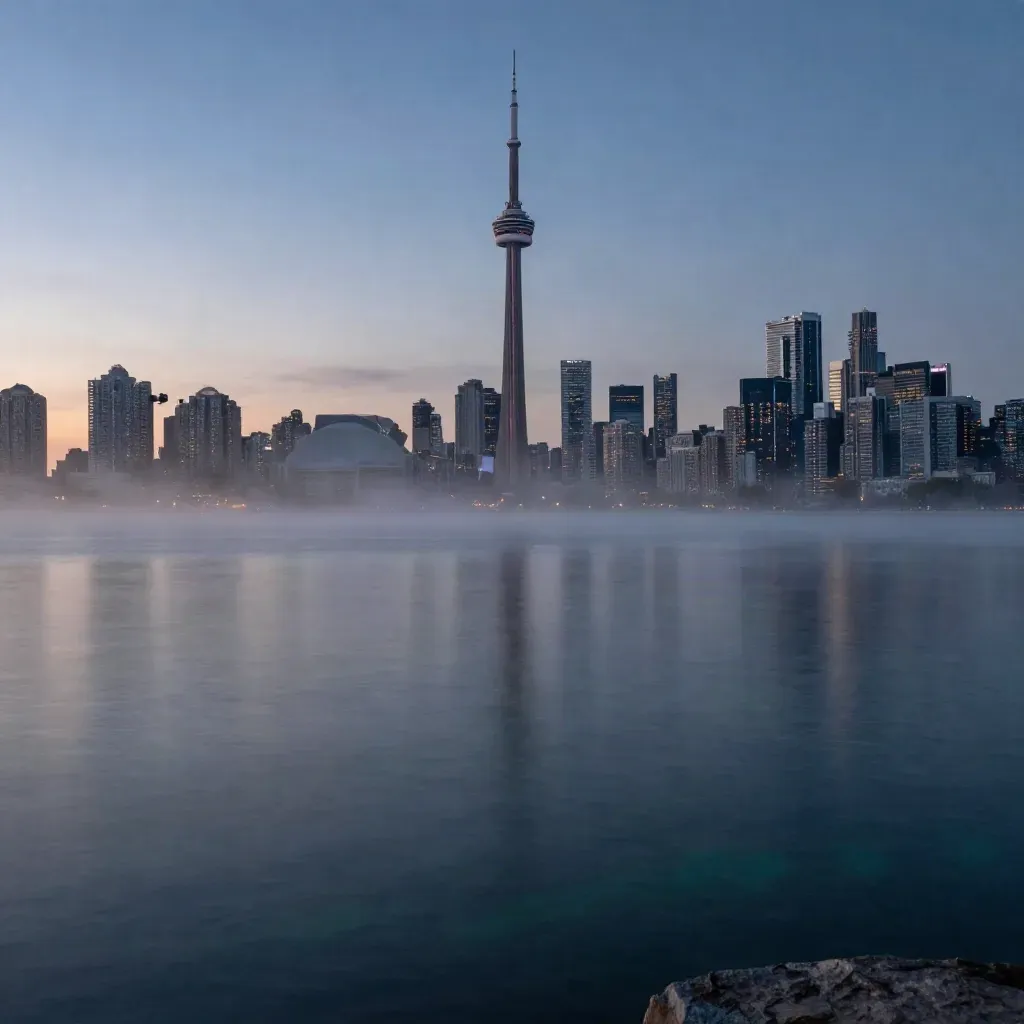 Toronto skyline and CN Tower over Lake Ontario at blue hour in spring mist
