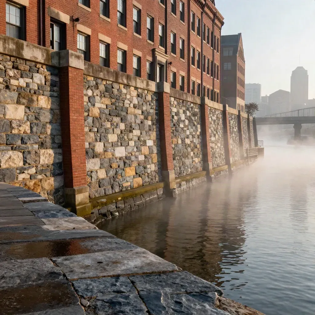 Foggy Philadelphia riverfront masonry and bluestone at dawn, with calm water and mist for copy.